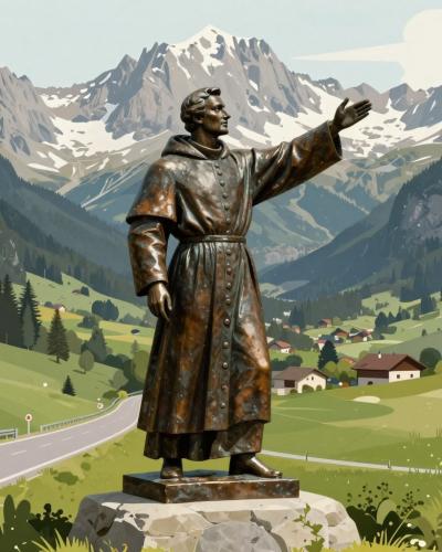 AI-generated illustration of the Jakob Aljaž monument near the main road in Dovje, a bronze statue with outstretched arm facing the Julian Alps