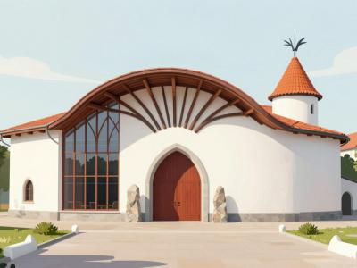 AI-generated illustration of the Monumental Theater in Lendava, an organic-architecture concert hall with a curved white facade and radiating timber struts
