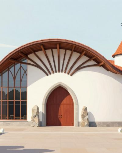 AI-generated illustration of the Monumental Theater in Lendava, an organic-architecture concert hall with a curved white facade and radiating timber struts