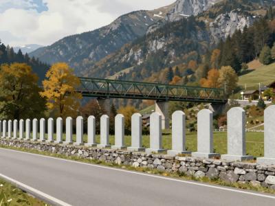 AI-generated illustration of the Moste Hostages Memorial in Žirovnica, a row of pale stone stelae on a low wall beside the road with a steel truss bridge behind