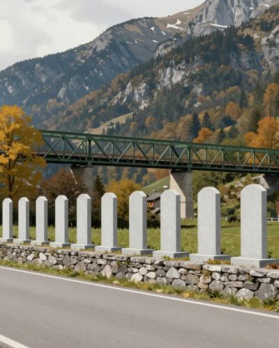 AI-generated illustration of the Moste Hostages Memorial in Žirovnica, a row of pale stone stelae on a low wall beside the road with a steel truss bridge behind