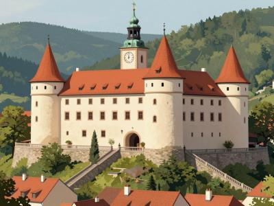 AI-generated illustration of the Municipal Museum of Idrija in Gewerkenegg Castle, a Renaissance castle with round towers and a clock tower above the town