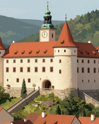 AI-generated illustration of the Municipal Museum of Idrija in Gewerkenegg Castle, a Renaissance castle with round towers and a clock tower above the town