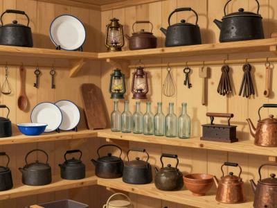 AI-generated illustration of the Museum of Farming Equipment in Podčetrtek, wooden shelves filled with historic rural household and farm tools