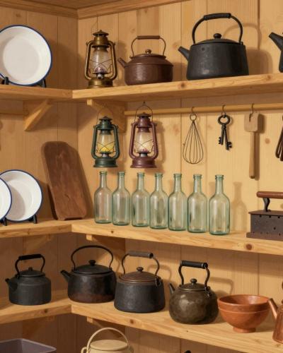 AI-generated illustration of the Museum of Farming Equipment in Podčetrtek, wooden shelves filled with historic rural household and farm tools