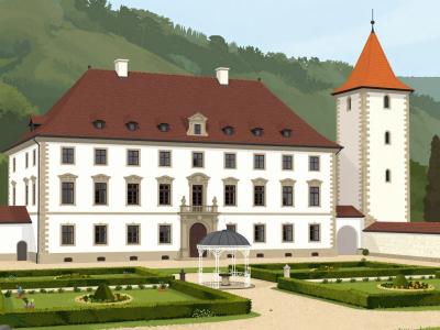 AI-generated illustration of the Museum of Post and Telecommunications in Polhov Gradec Castle, with its formal garden, gazebo and medieval tower