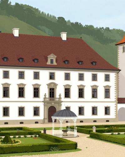 AI-generated illustration of the Museum of Post and Telecommunications in Polhov Gradec Castle, with its formal garden, gazebo and medieval tower