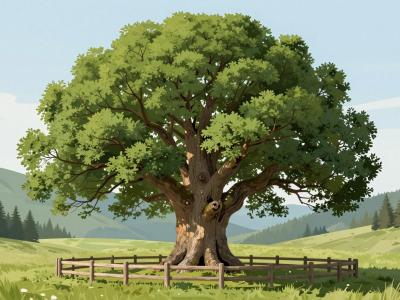 AI-generated illustration of Najevska lipa, Slovenia's ancient giant linden tree standing in a fenced mountain meadow above Crna na Koroskem