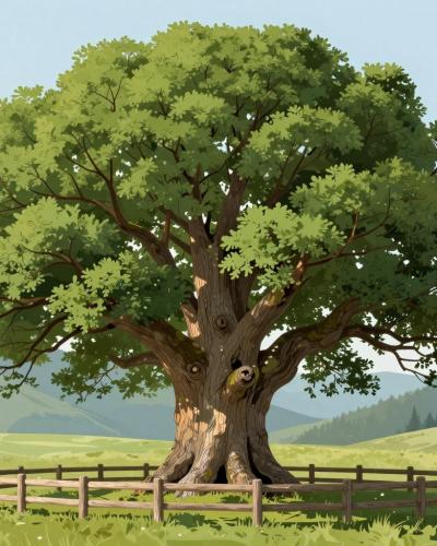 AI-generated illustration of Najevska lipa, Slovenia's ancient giant linden tree standing in a fenced mountain meadow above Crna na Koroskem