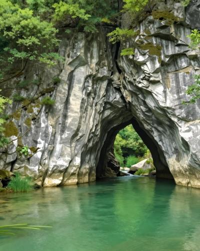 AI-generated illustration of the natural bridges of Rak Skocjan, a towering limestone arch over the emerald Rak stream