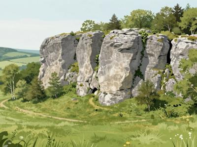 AI-generated illustration of the natural limestone climbing wall at Krasnji Vrh rising above Bela Krajina meadows
