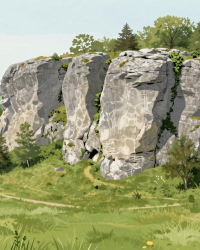 AI-generated illustration of the natural limestone climbing wall at Krasnji Vrh rising above Bela Krajina meadows
