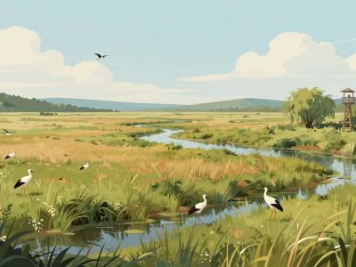 AI-generated illustration of Natural Park Jovsi wetland meadows along the Sotla river, with white storks and a wooden birdwatching tower