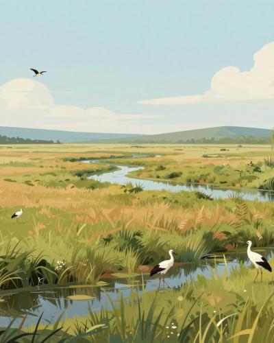AI-generated illustration of Natural Park Jovsi wetland meadows along the Sotla river, with white storks and a wooden birdwatching tower