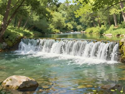 AI-generated illustration of the natural swimming pool at Trzkov slap near Adlesici, a small waterfall spilling into a calm river pool