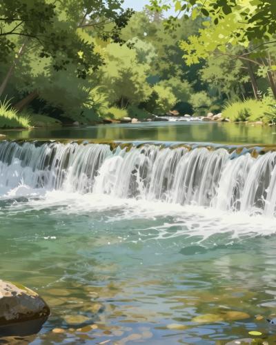 AI-generated illustration of the natural swimming pool at Trzkov slap near Adlesici, a small waterfall spilling into a calm river pool