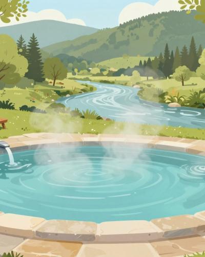 AI-generated illustration of natural thermal water wellness near Celje, a steaming outdoor mineral spring pool in a green river valley