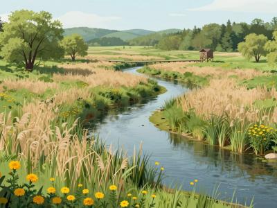 AI-generated illustration of Nerajski and Lahinjski Lug Marshes, wetland meadows and reed beds along the meandering Lahinja River