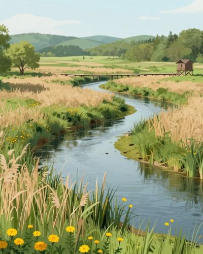AI-generated illustration of Nerajski and Lahinjski Lug Marshes, wetland meadows and reed beds along the meandering Lahinja River