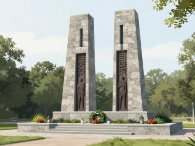 AI-generated illustration of the NLS monument in Skofljica, stone memorial pylons with dark metal relief figures in a small park