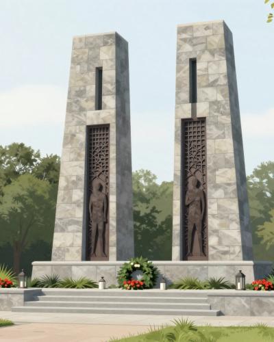 AI-generated illustration of the NLS monument in Skofljica, stone memorial pylons with dark metal relief figures in a small park