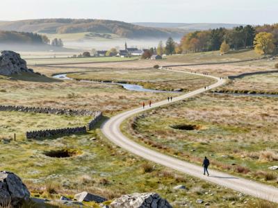 AI-generated illustration of the Novoletni Slotrail, a long-distance loop trail across the karst meadows of Planinsko polje