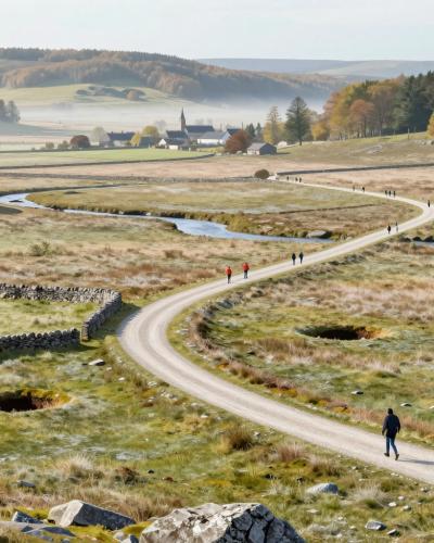 AI-generated illustration of the Novoletni Slotrail, a long-distance loop trail across the karst meadows of Planinsko polje