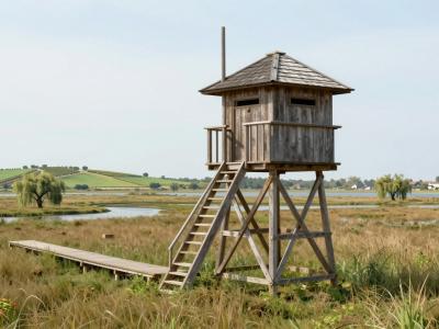AI-generated illustration of the observation tower in Natural Park Jovsi, a wooden birdwatching hide on stilts above marshy meadows