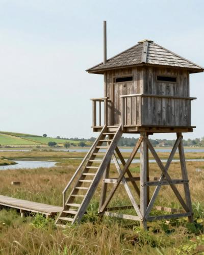 AI-generated illustration of the observation tower in Natural Park Jovsi, a wooden birdwatching hide on stilts above marshy meadows