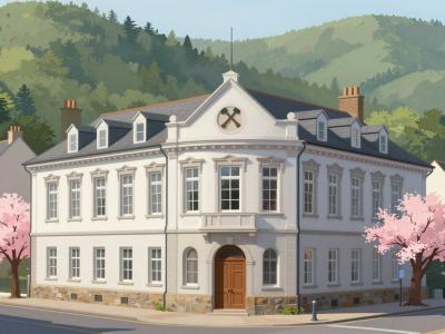 AI-generated illustration of the Old School building in Idrija, a stately 1876 facade with a crossed-hammers mining emblem