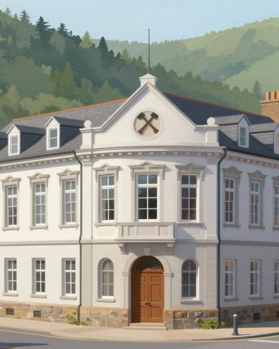 AI-generated illustration of the Old School building in Idrija, a stately 1876 facade with a crossed-hammers mining emblem