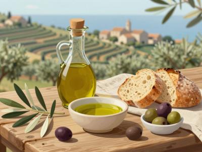 AI-generated illustration of Olive Oil Morgan, an Istrian farmhouse olive oil tasting with bread and olives above terraced groves