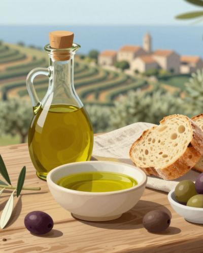 AI-generated illustration of Olive Oil Morgan, an Istrian farmhouse olive oil tasting with bread and olives above terraced groves