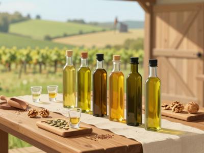 AI-generated illustration of Oljarna Pekaric, a Bela Krajina family oil mill tasting with cold-pressed oils, walnuts and seeds