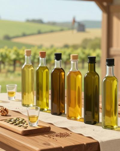 AI-generated illustration of Oljarna Pekaric, a Bela Krajina family oil mill tasting with cold-pressed oils, walnuts and seeds