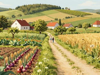 AI-generated illustration of the Onion Walk countryside trail near Raka, with onion gardens, meadows and farmsteads