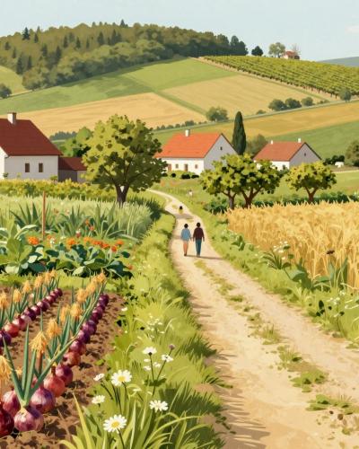 AI-generated illustration of the Onion Walk countryside trail near Raka, with onion gardens, meadows and farmsteads