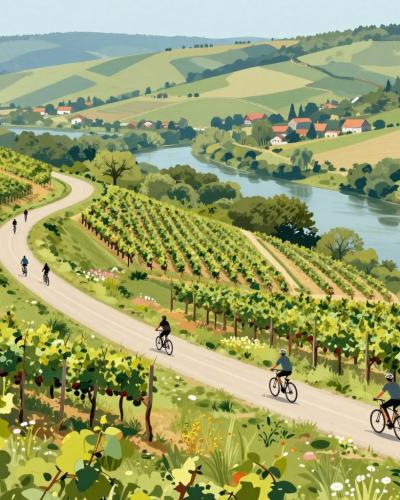 AI-generated illustration of hiking and cycling routes through the vineyard hills and river valley around Dolenjske Toplice