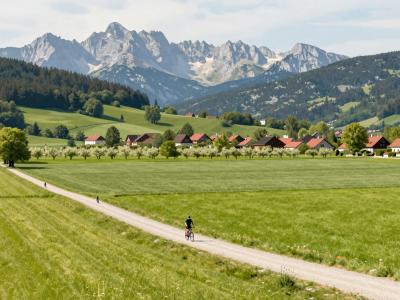 AI-generated illustration of cycling and hiking paths across the plain near Zgornji Brnik with alpine peaks beyond