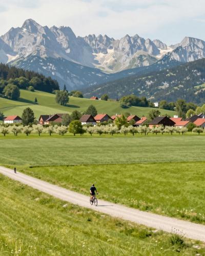 AI-generated illustration of cycling and hiking paths across the plain near Zgornji Brnik with alpine peaks beyond