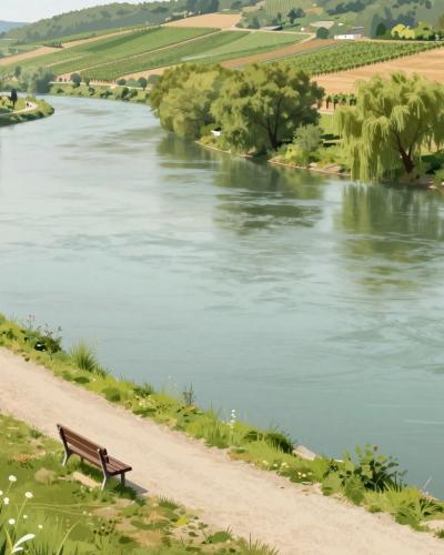 AI-generated illustration of riverside walking and cycling trails along the calm green river at Otočec