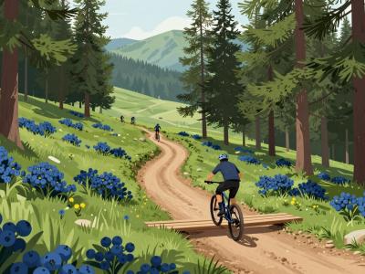 AI-generated illustration of forest singletrack mountain-bike trails at Park Jamnica near Prevalje