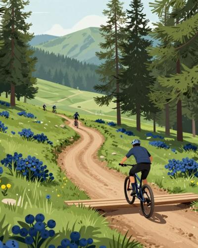 AI-generated illustration of forest singletrack mountain-bike trails at Park Jamnica near Prevalje