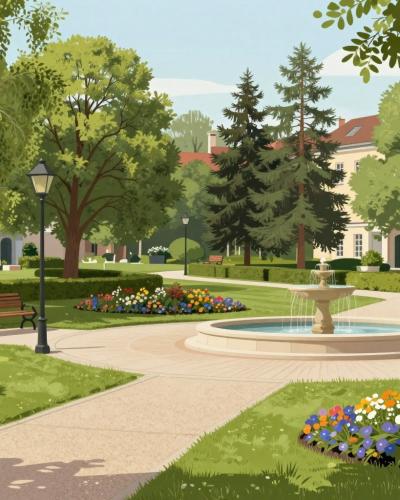 AI-generated illustration of the landscaped spa park in Radenci with its fountain, lawns and mature trees