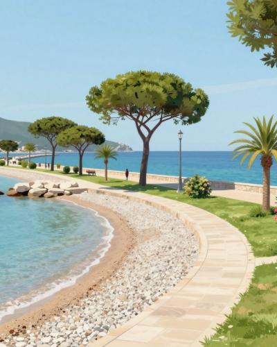 AI-generated illustration of coastal parks and pebble beaches along the seaside promenade in Izola