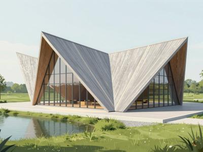 AI-generated illustration of Paviljon EXPANO, the angular timber-clad pavilion beside Sobosko jezero in Murska Sobota