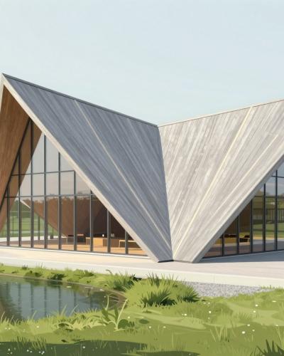 AI-generated illustration of Paviljon EXPANO, the angular timber-clad pavilion beside Sobosko jezero in Murska Sobota