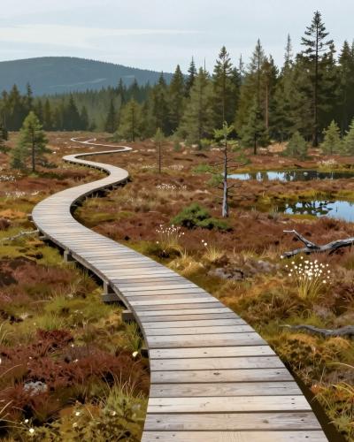 AI-generated illustration of the Rogla peat bog with its wooden boardwalk among dwarf pines on the Pohorje plateau