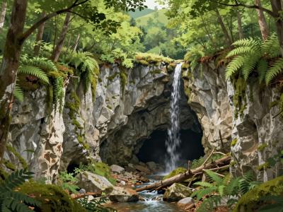 AI-generated illustration of Pecenevka abyss, a mossy karst chasm swallowing a stream in the forests near Krasnji Vrh