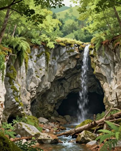 AI-generated illustration of Pecenevka abyss, a mossy karst chasm swallowing a stream in the forests near Krasnji Vrh